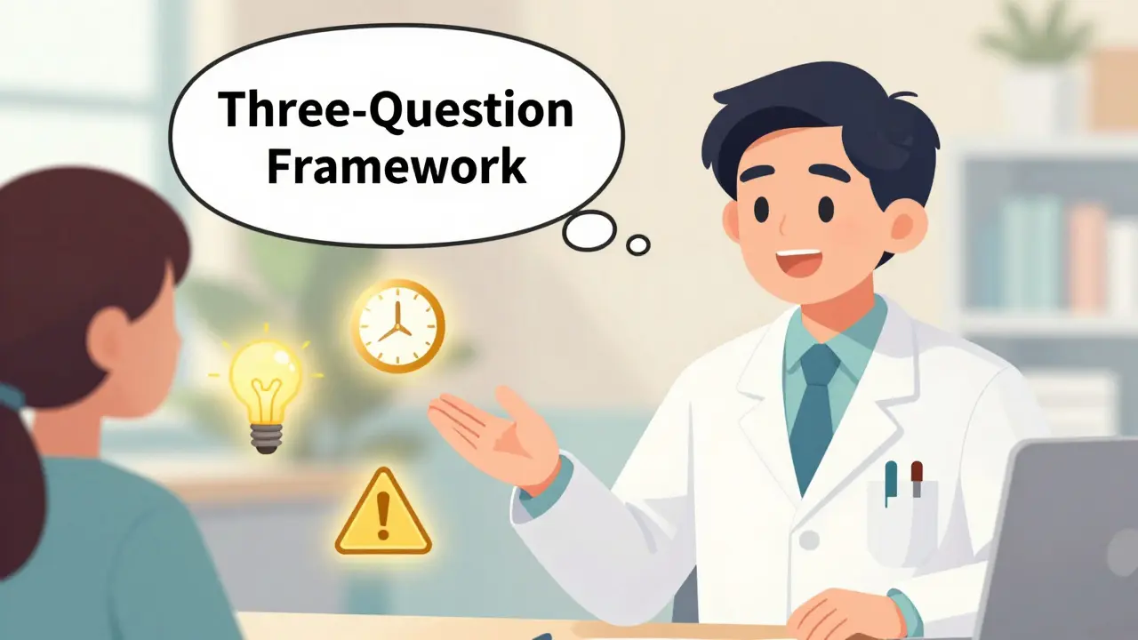Illustration of a pharmacist using a three-step framework to educate a patient on medication.
