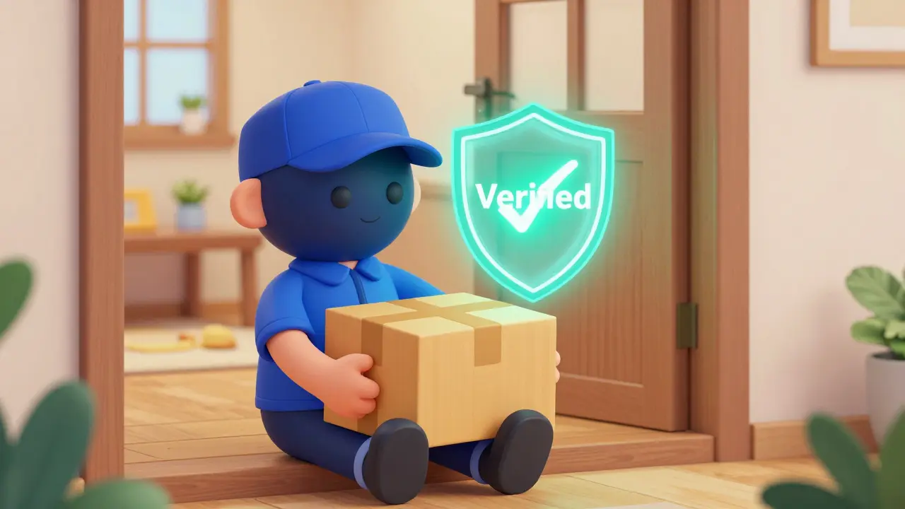 Illustration of a secure pharmacy delivery package with a holographic safety shield.