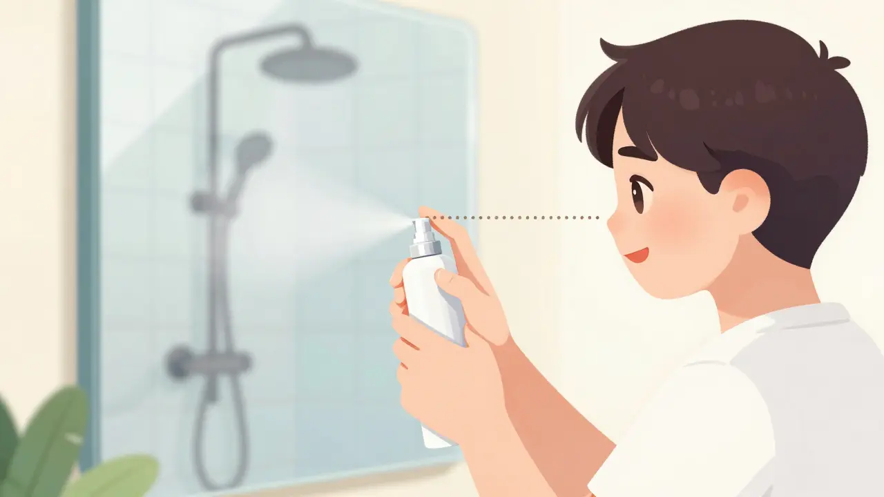 Instructional illustration showing the correct outward angle for applying a nasal steroid spray.