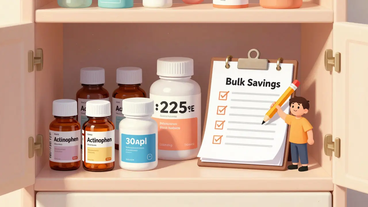 Organized home medicine cabinet with various sizes of generic pain relief bottles.