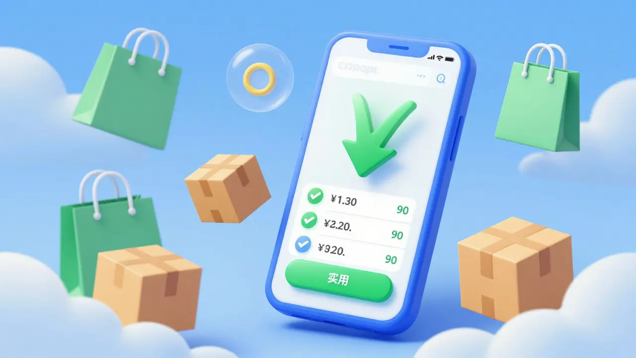 Smartphone showing a price comparison app surrounded by floating delivery boxes.