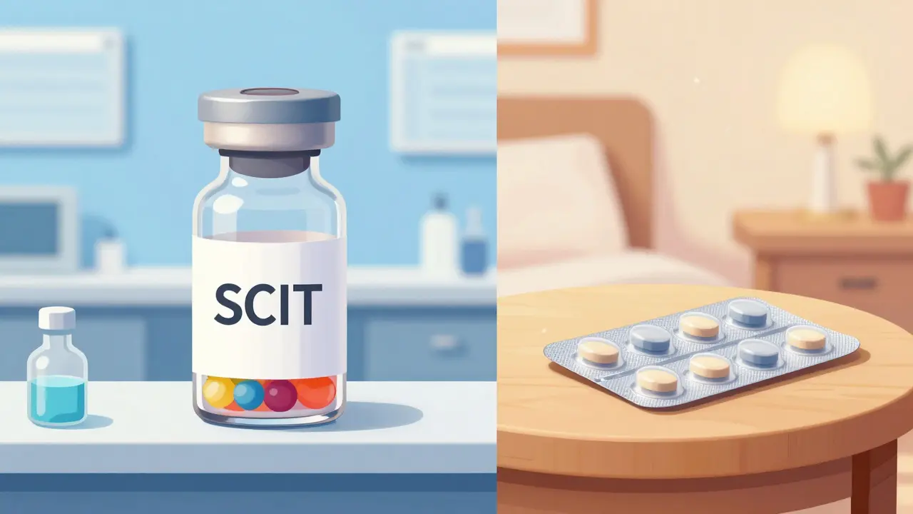 Split screen showing a customized medical allergen vial in a clinic and tablets in a home setting.