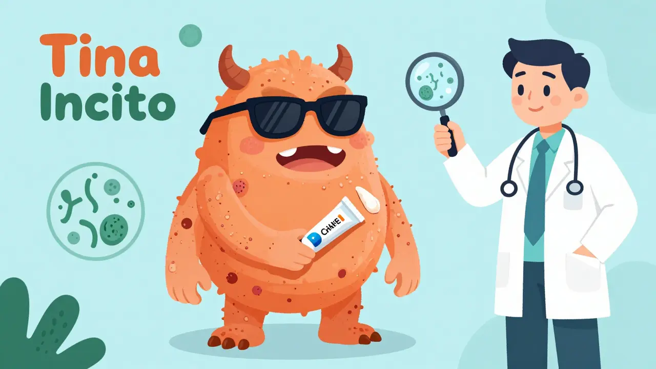 Cartoon showing steroid cream worsening a fungal infection into tinea incognito