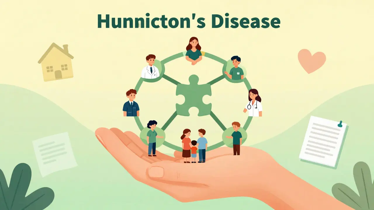 Conceptual illustration of a support network aiding Huntington's disease care.