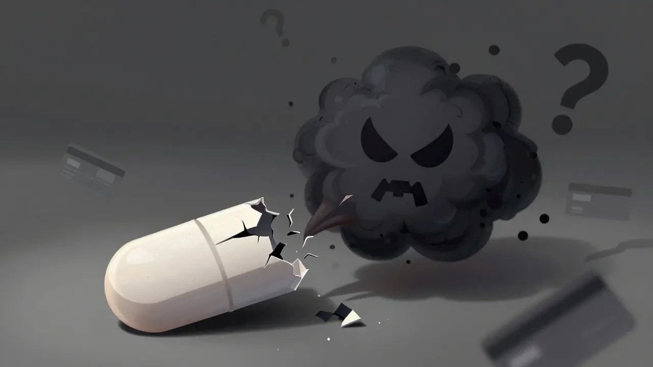 Counterfeit pill revealing hidden toxic dangers inside