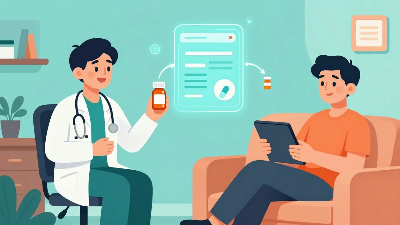 Doctor and patient connected via digital prescription concept art