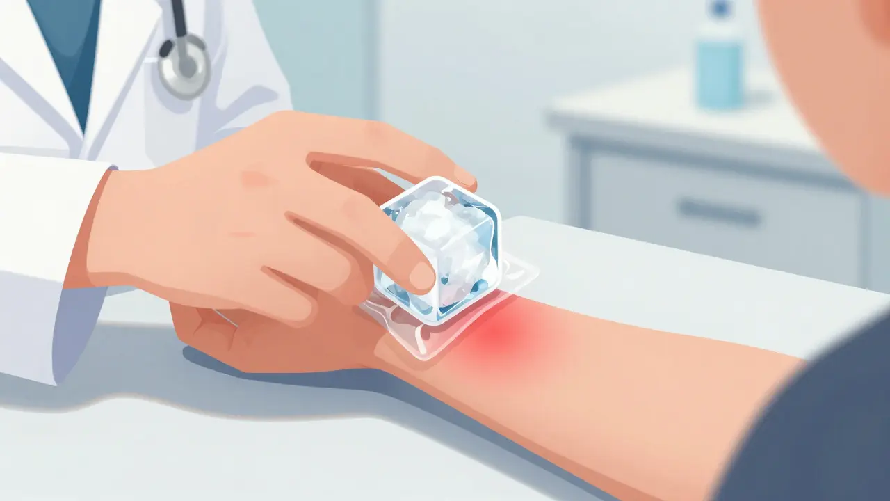 Doctor performing ice cube test on patient's arm showing red welt.