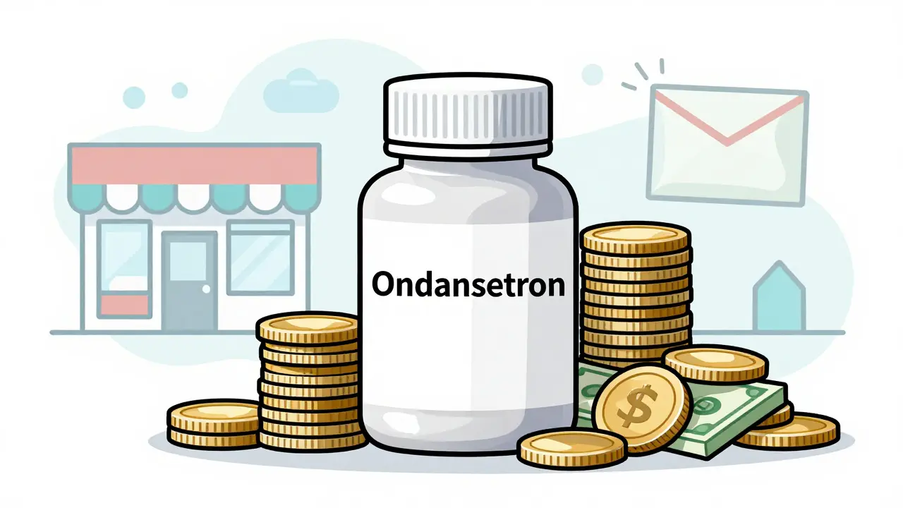 Generic medication bottle with coins showing cost savings