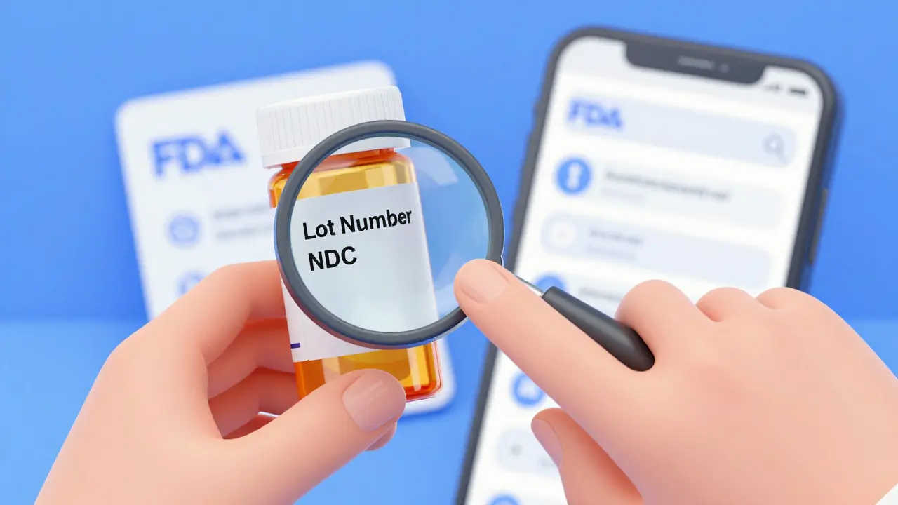 Hands inspecting lot numbers on a medicine bottle