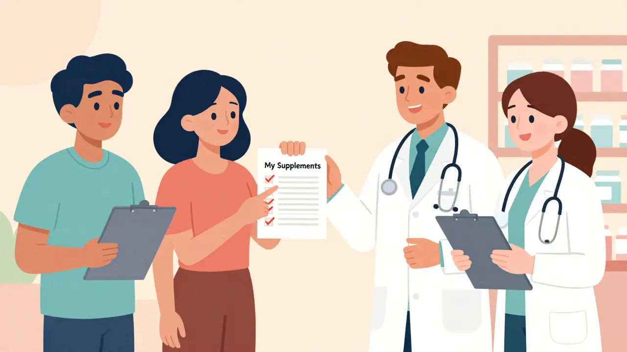 Patient discussing a supplement list with doctor and pharmacist