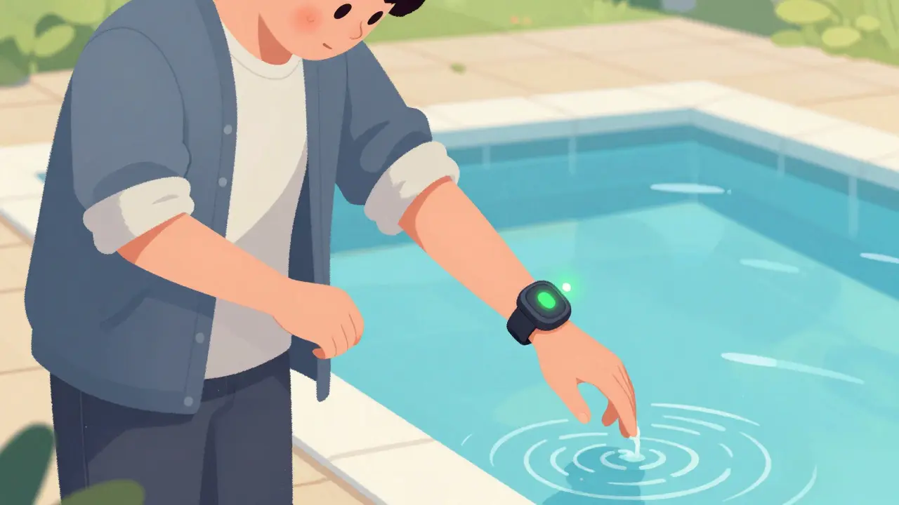 Person testing pool water with one finger while wearing safety sensor.