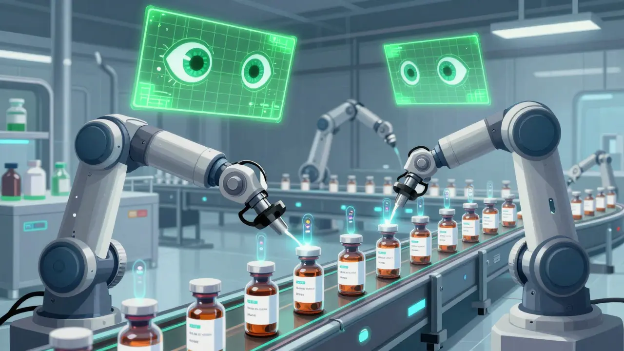 Robots and AI eyes inspecting medicine bottles on a factory conveyor belt