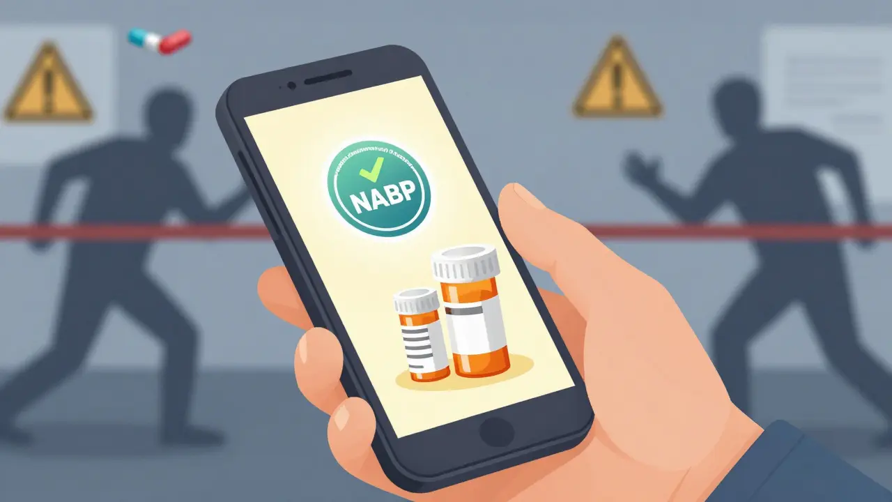 Smartphone showing pharmacy verification badge protecting pills