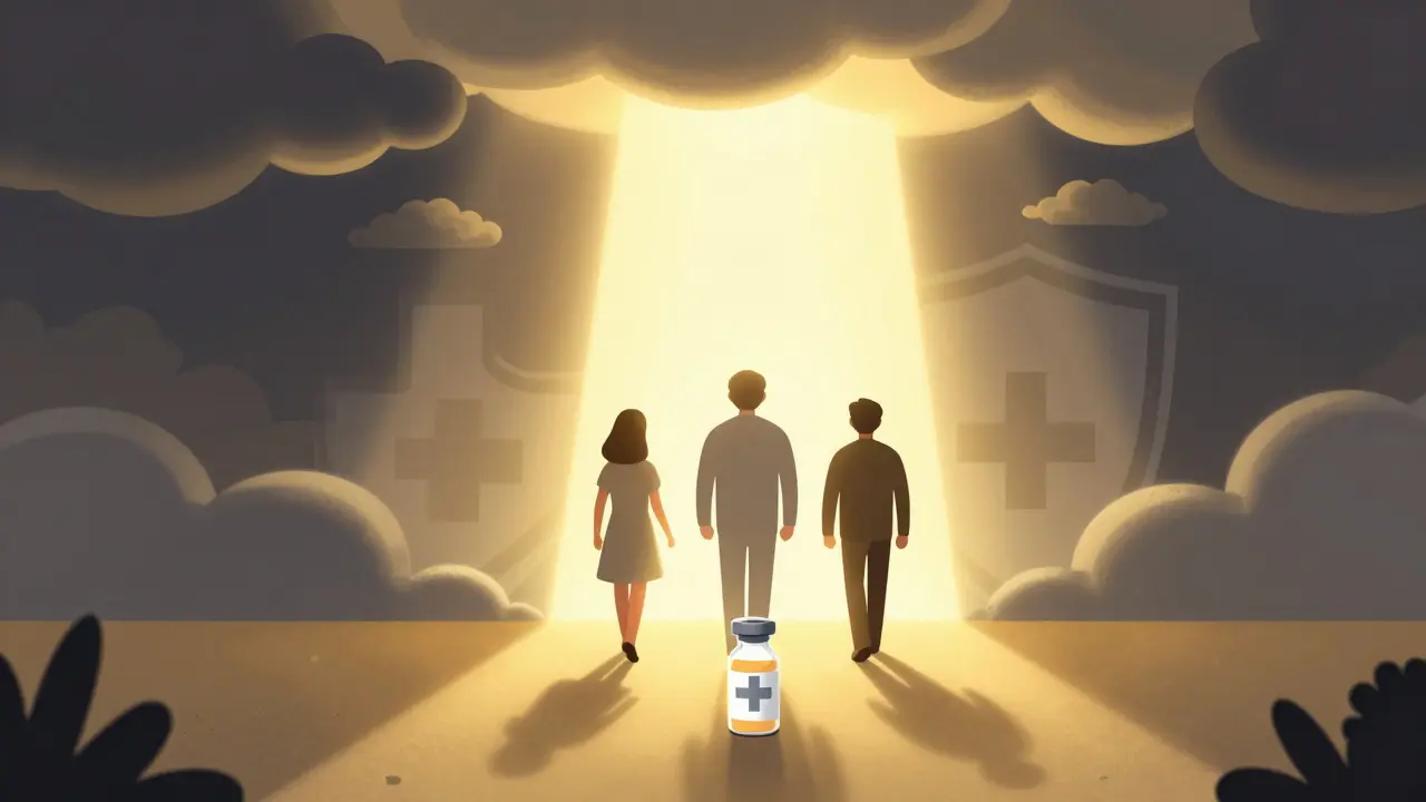 Bright illustration of recovery path with naloxone as a beacon of safety