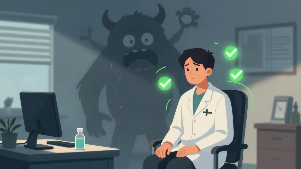 Character feeling anxious about a drug switch, with a shadow monster representing fear.