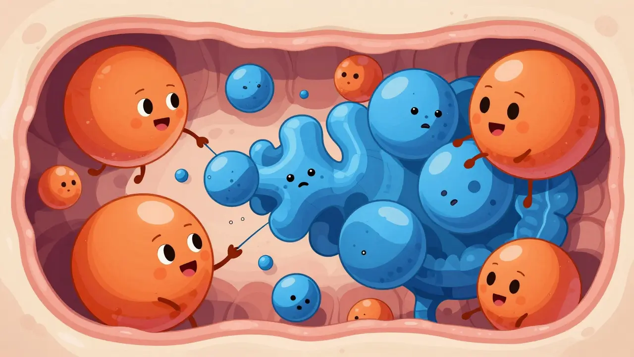 Concept art depicting calcium ions binding to drug molecules, forming large complexes that cannot be absorbed by the body.