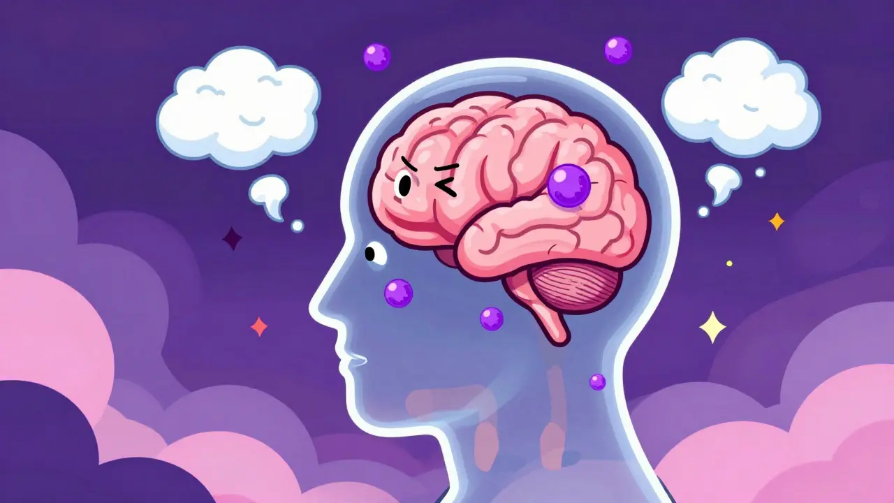 Concept art of brain with serotonin molecules reacting mildly to alcohol vapor