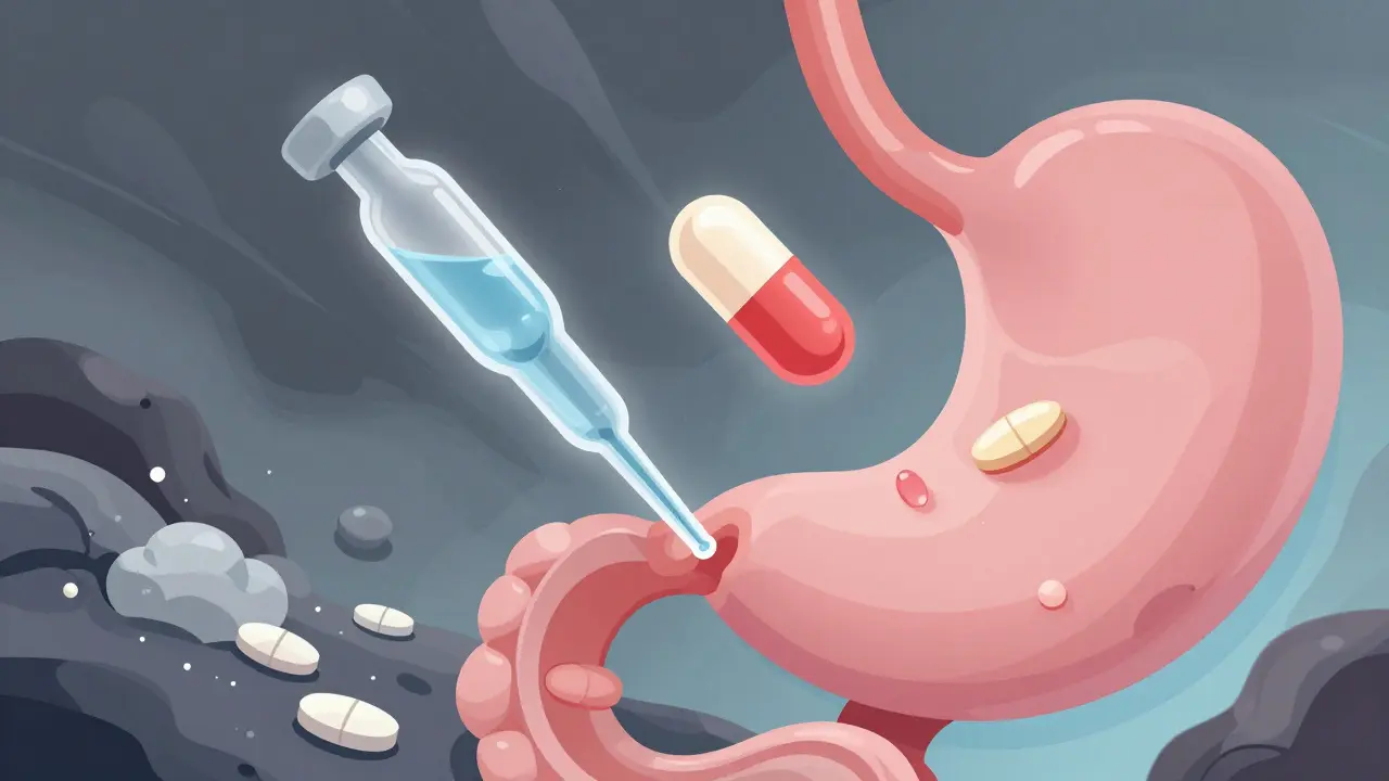 Concept art of liquid thyroid meds bypassing mineral blocks in the digestive tract