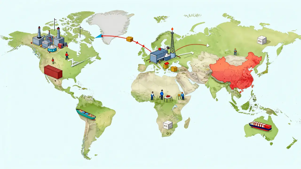 Global map showing generic drug ingredients flowing from Asia to US