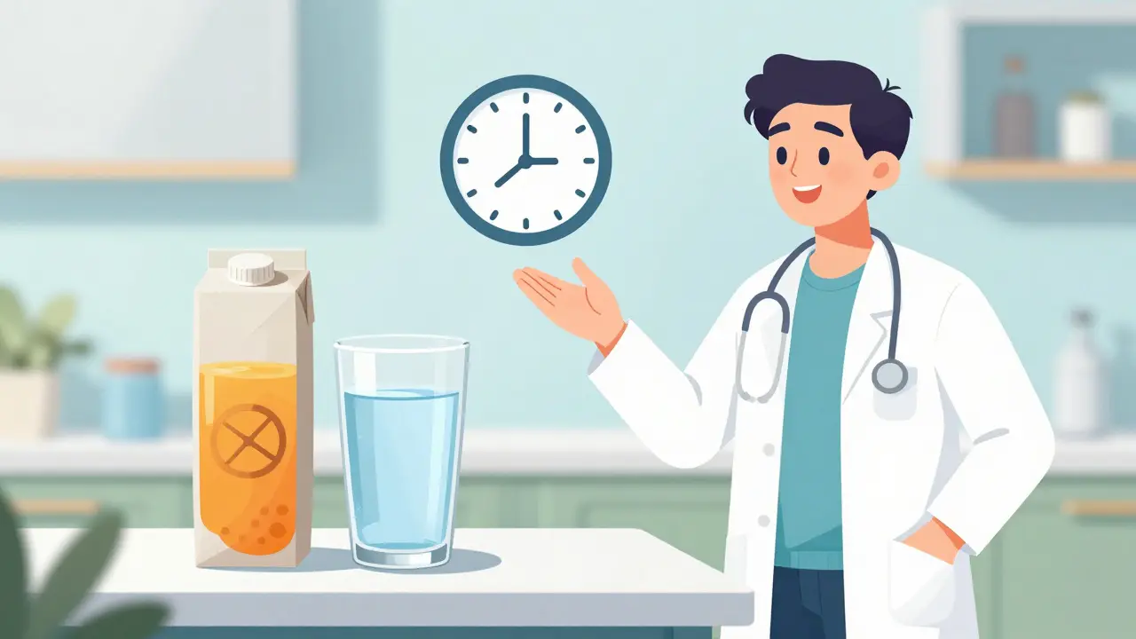 Illustration advising patients to take medication with water instead of fortified juice, emphasizing time separation.