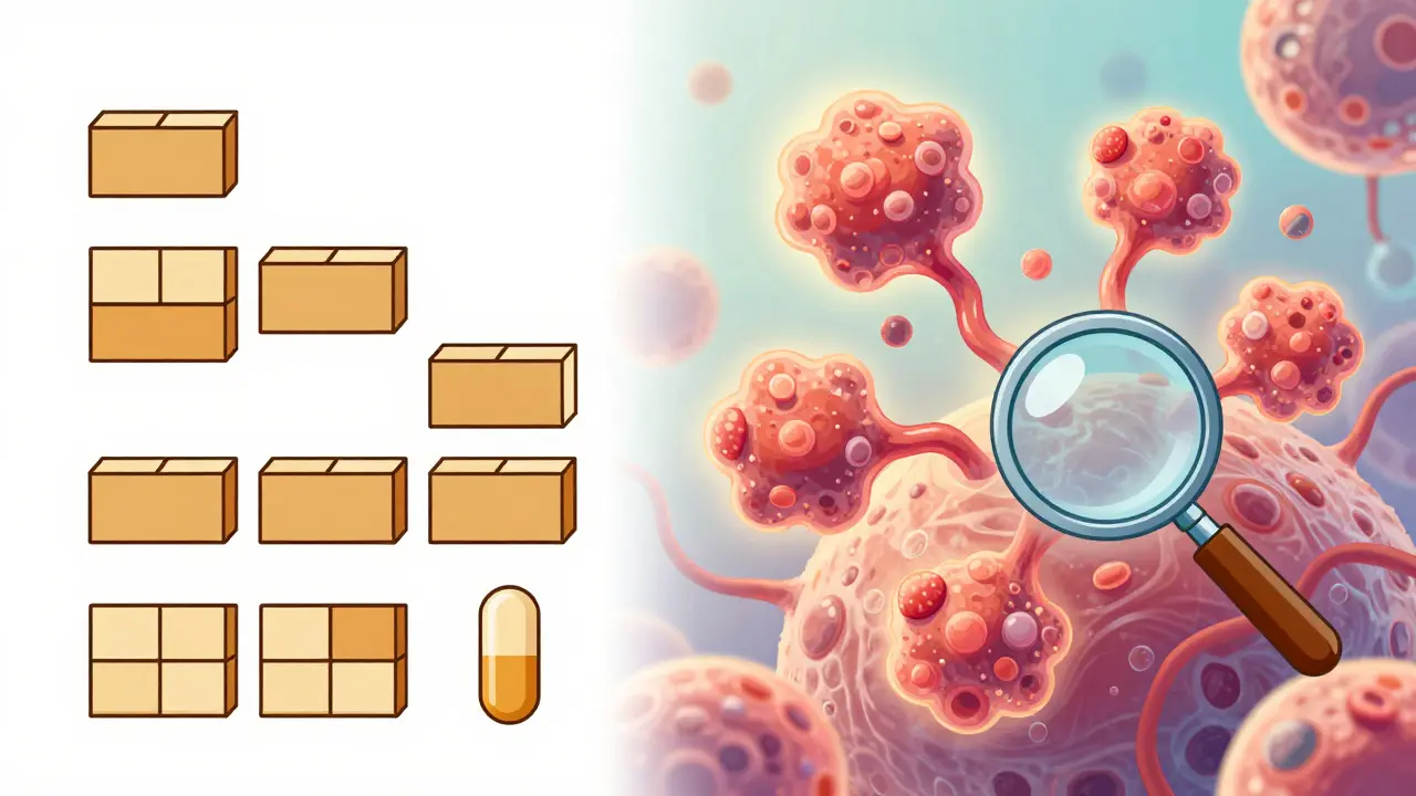 Illustration comparing simple generic pills to complex, varied biological protein structures.