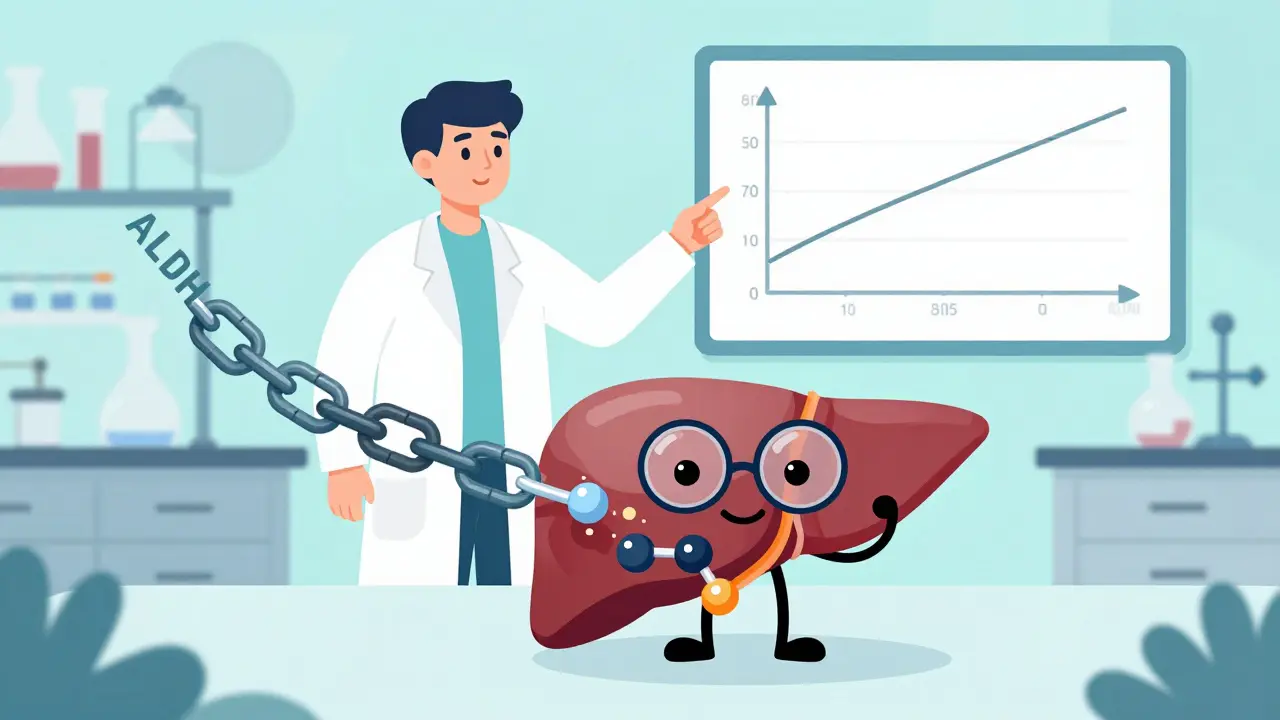 Illustration of liver processing alcohol safely, breaking myth of enzyme blockage
