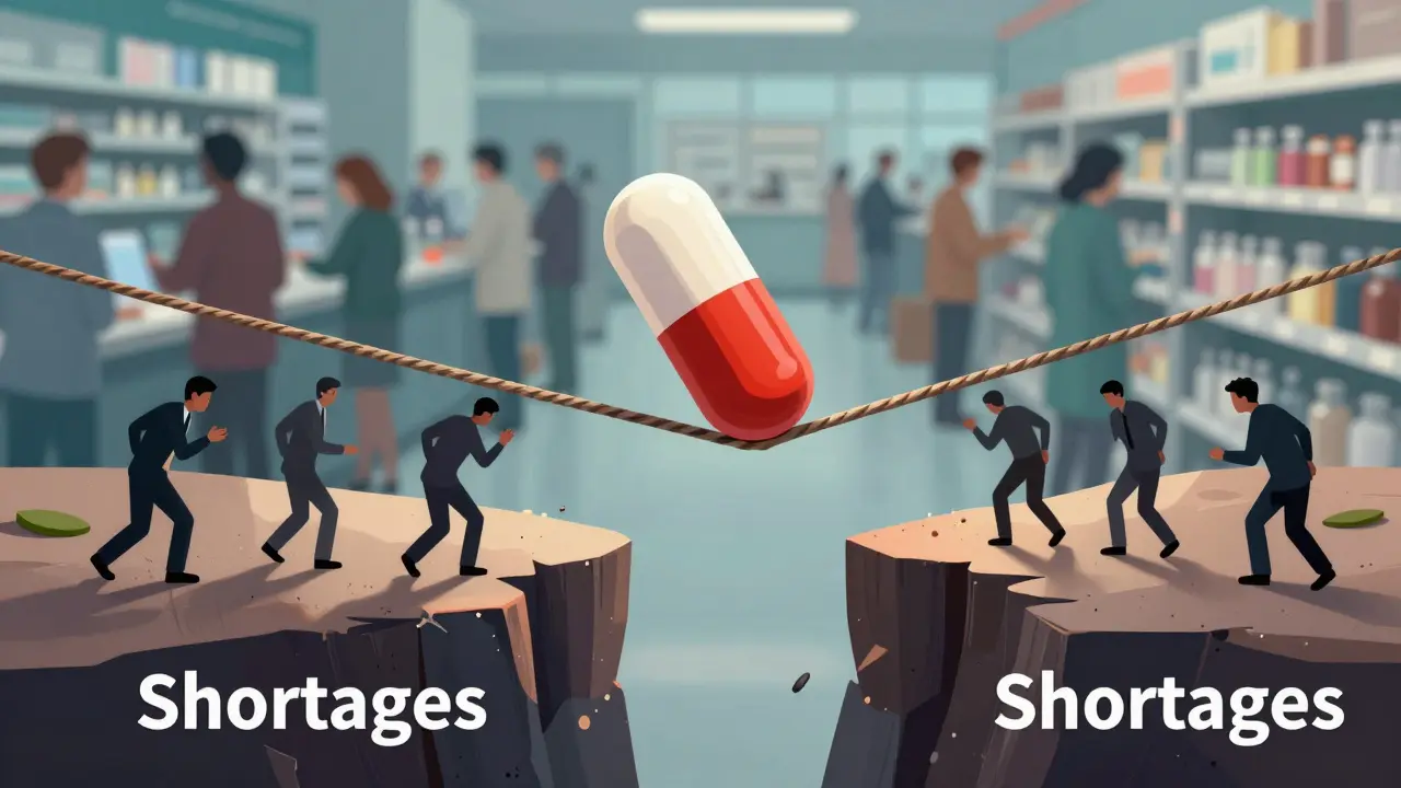 Metaphorical illustration of generic drug pricing balancing on a tightrope