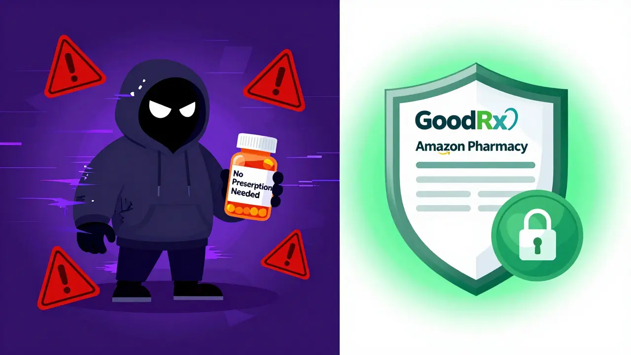 Split illustration comparing unsafe fake pharmacies vs safe verified online options