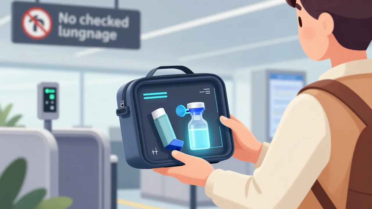 Traveler carrying insulated medical pouch at airport security
