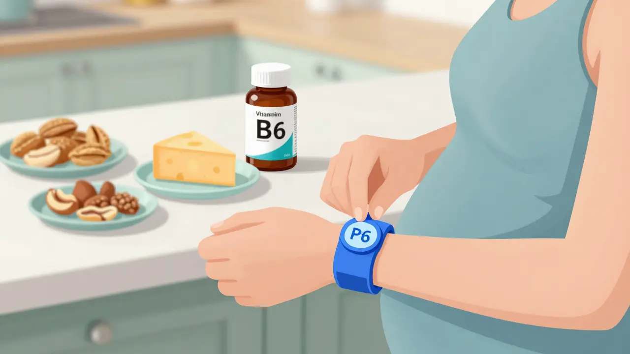 Woman wearing acupressure wristband with healthy snacks and vitamins