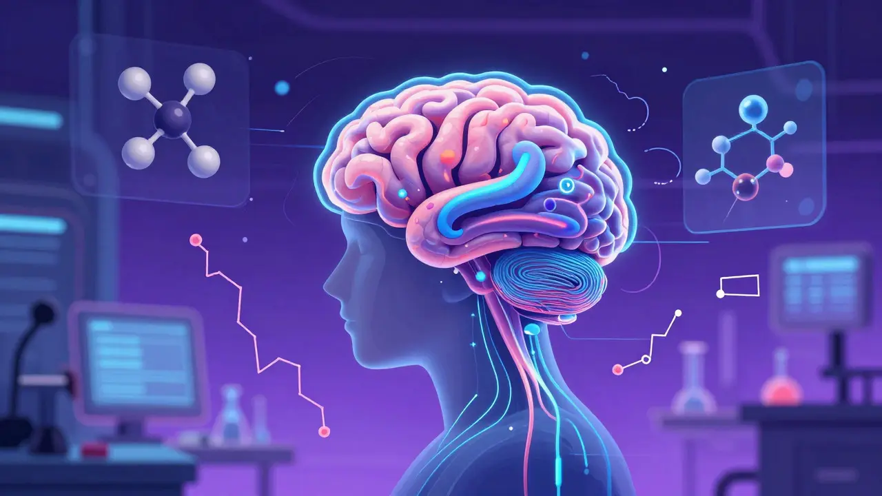 AI brain analyzing drug degradation data in a futuristic lab
