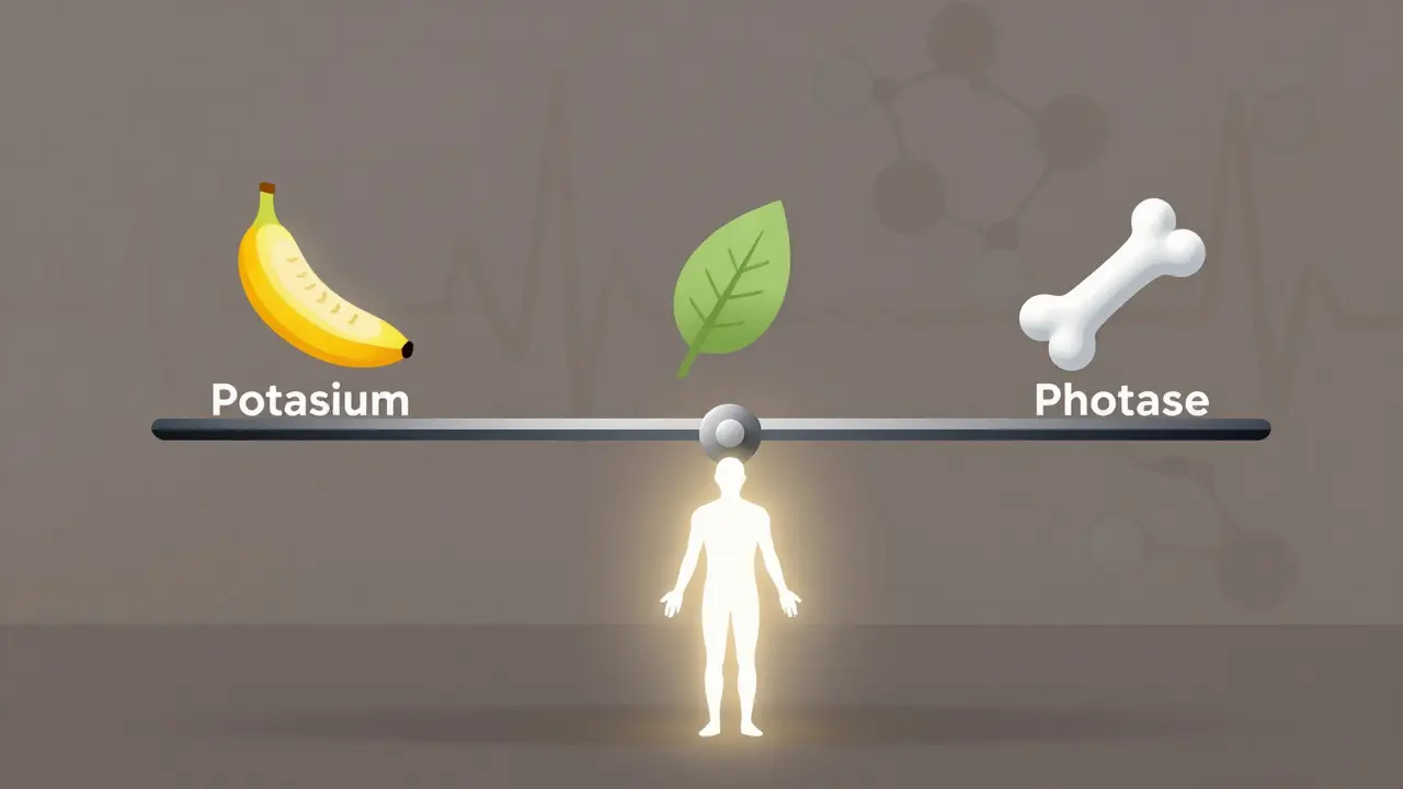 Balanced scale with potassium, magnesium, and phosphate icons