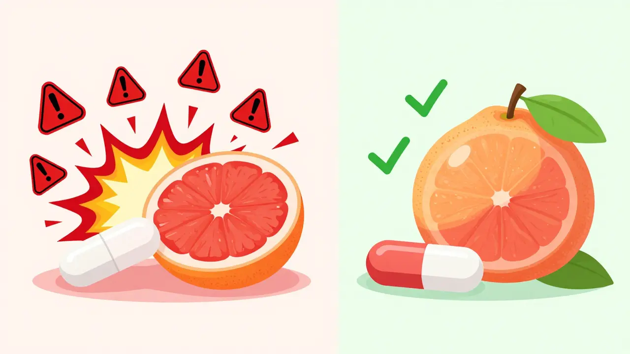 Comparison chart showing high-risk statins like Simvastatin versus low-risk statins like Rosuvastatin with grapefruit.
