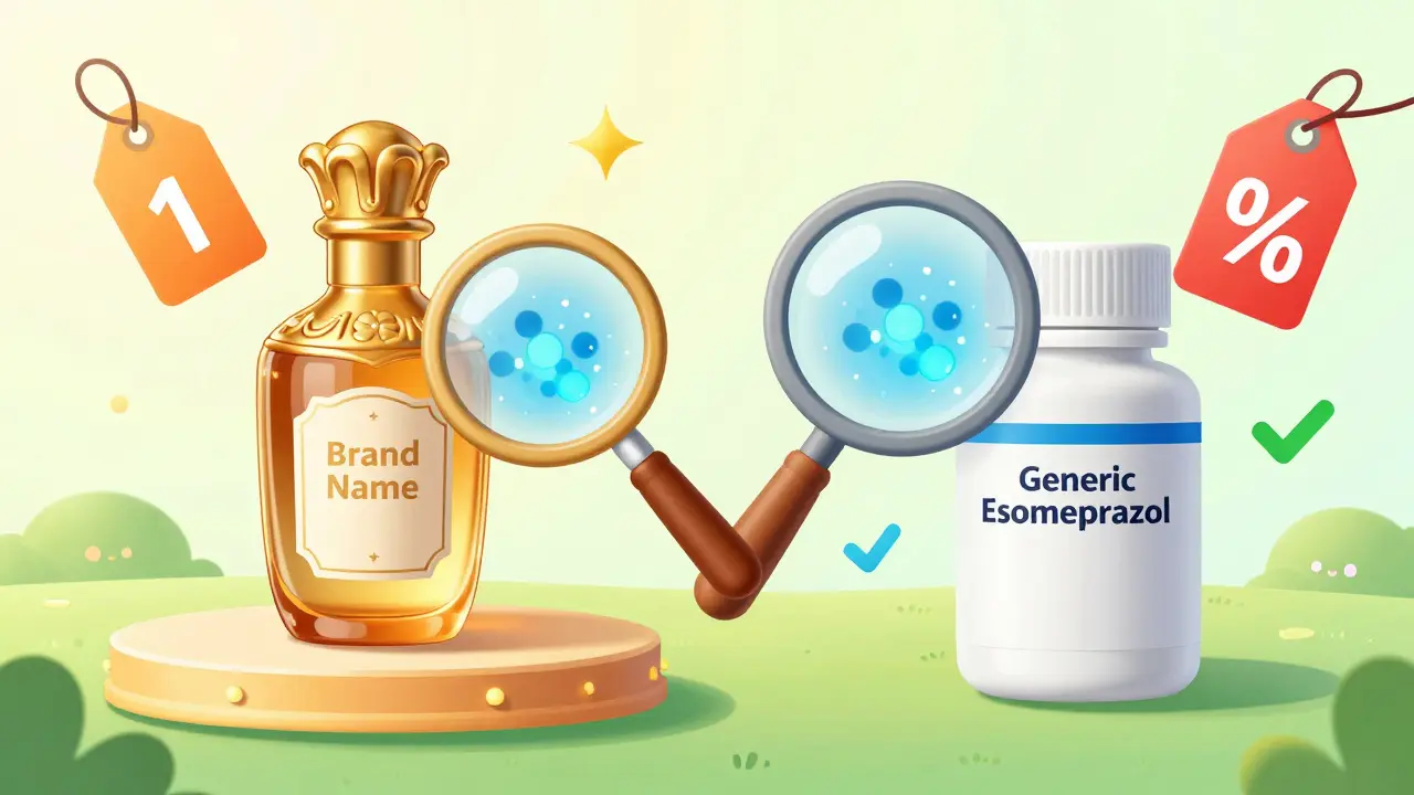 Comparison illustration showing generic esomeprazole as cheaper but equivalent to brand name.