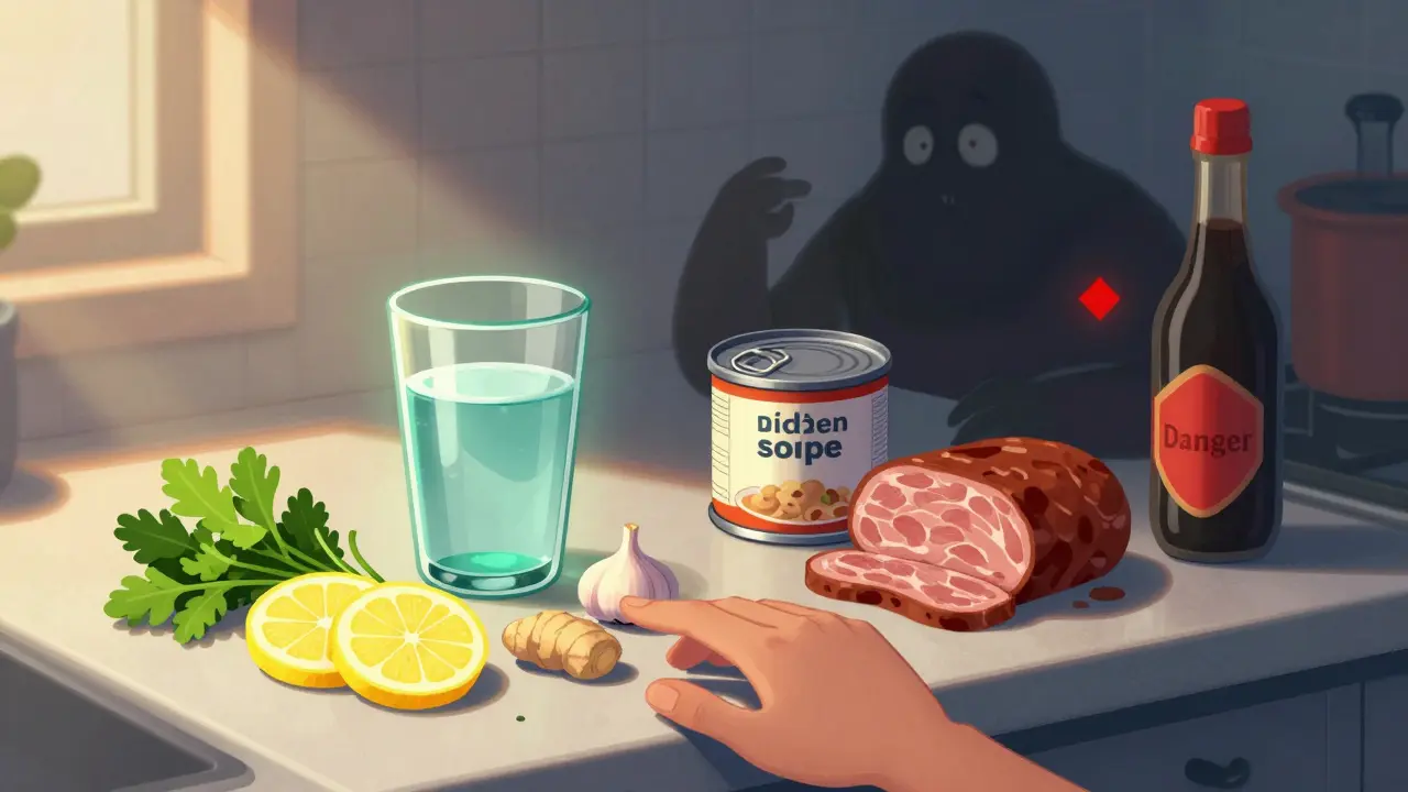 Concept art comparing fresh herbs to salty processed foods