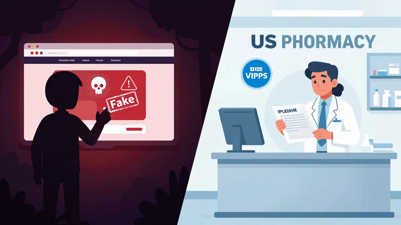 Concept art contrasting dangerous fake online pharmacies with safe, verified US medical sources.