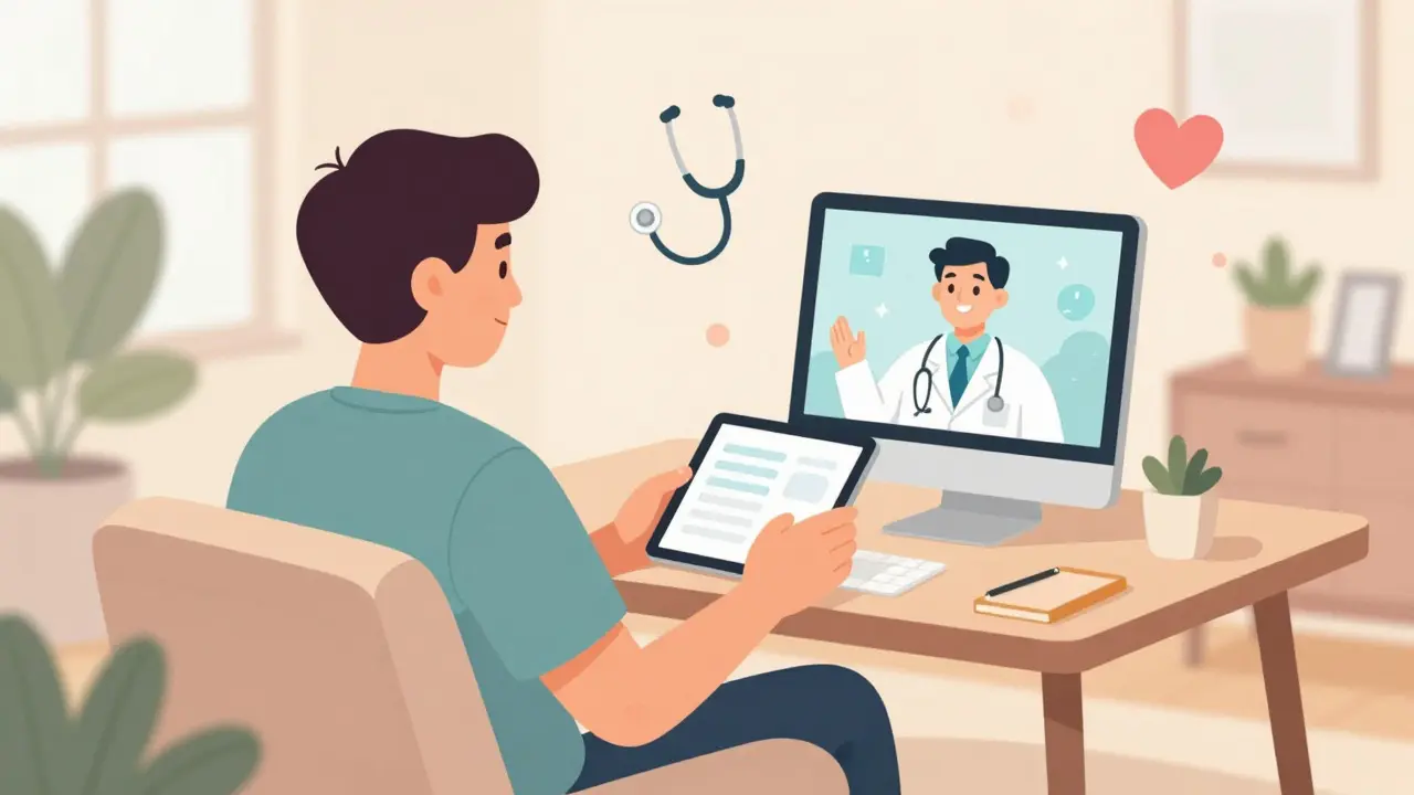 Concept art of a man having a telemedicine video consultation at home