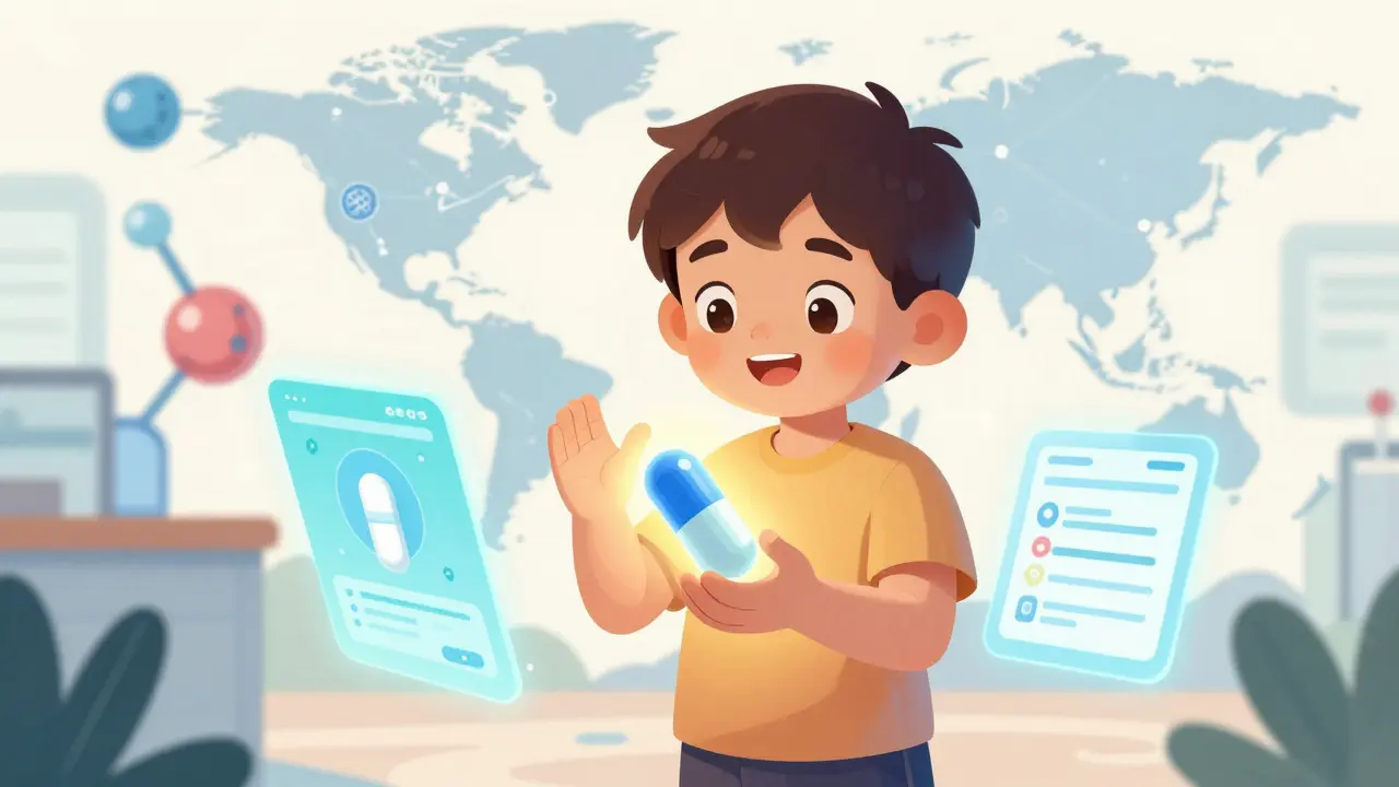 Concept art of personalized 3D-printed pediatric medicine and future healthcare tech.