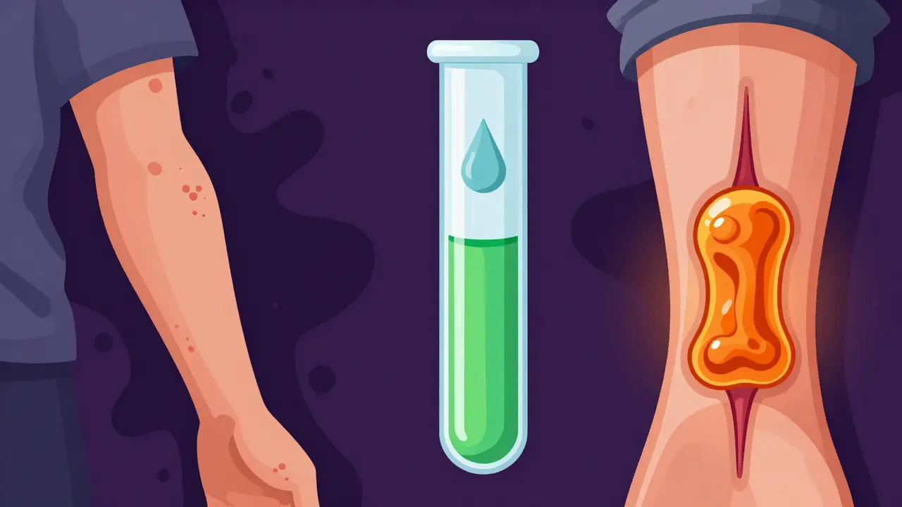 Concept art splitting bleeding risks and clotting risks, centered around a diagnostic blood test tube.