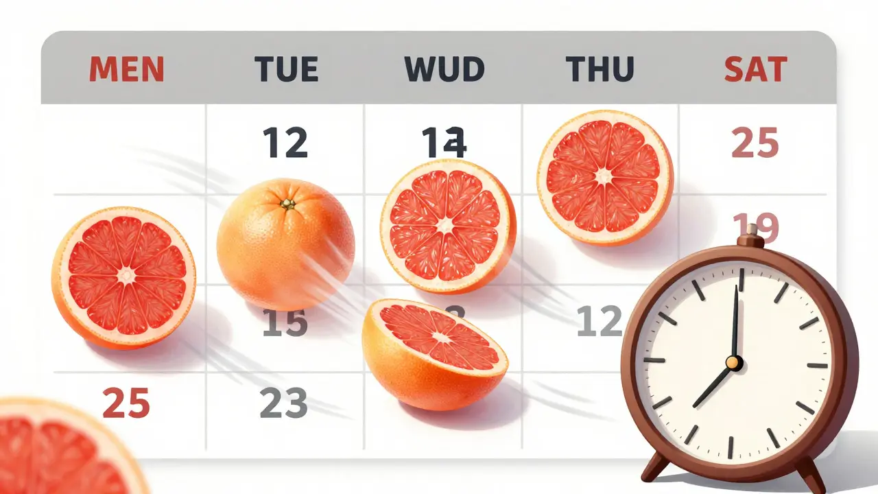 Diagram explaining why timing separation fails to prevent statin-grapefruit drug interactions over 72 hours.