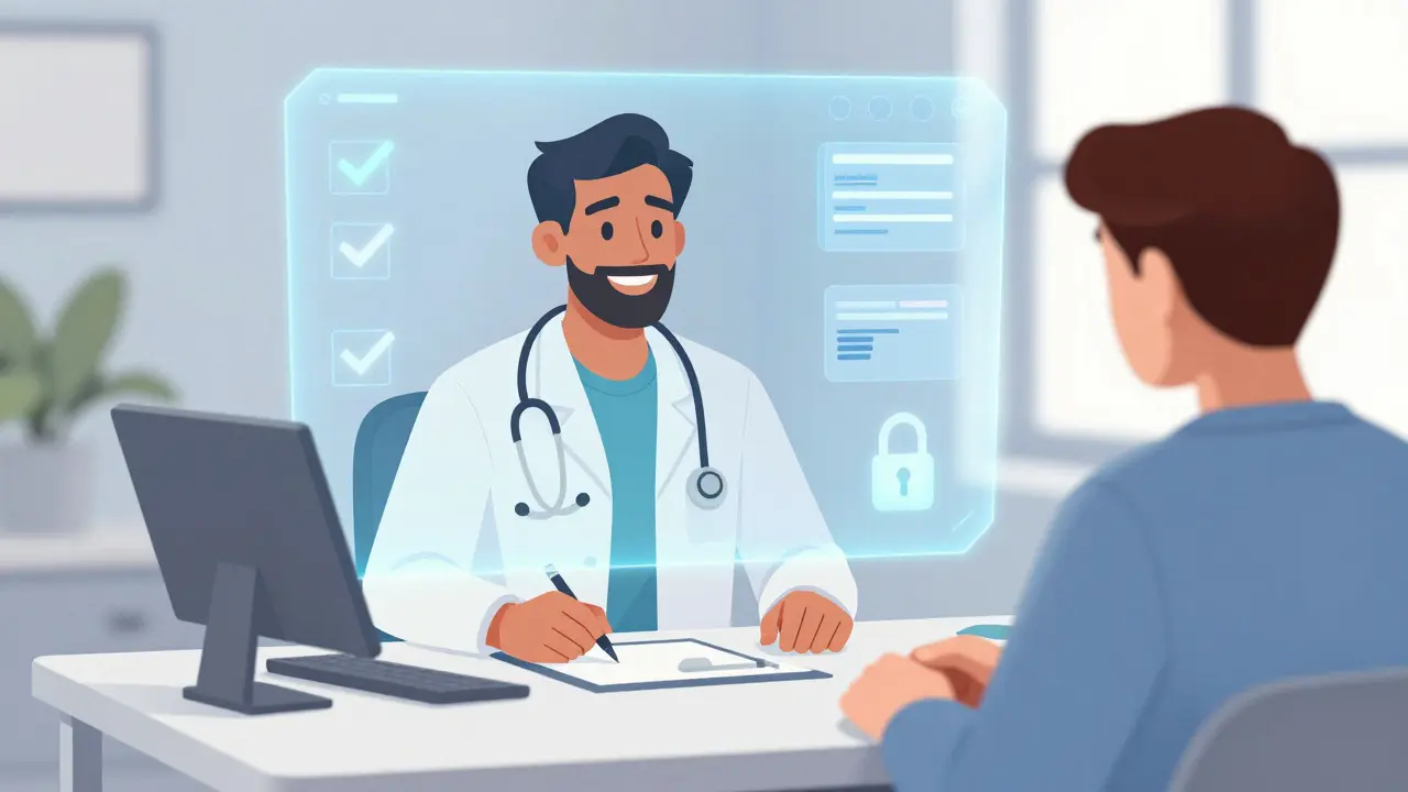 Doctor on digital screen consulting with patient via telemedicine