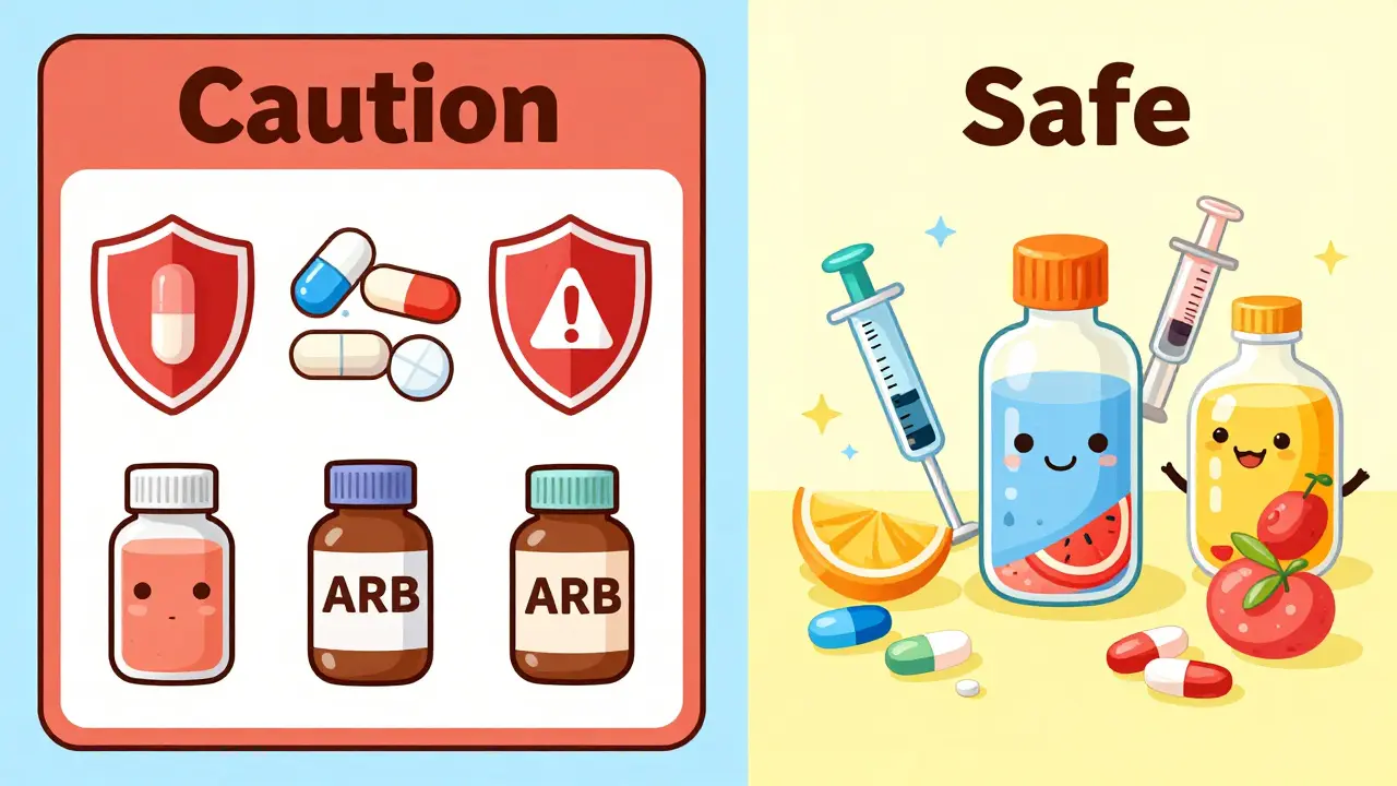 Illustration contrasting dangerous adult drugs with safe, child-friendly medicine forms.