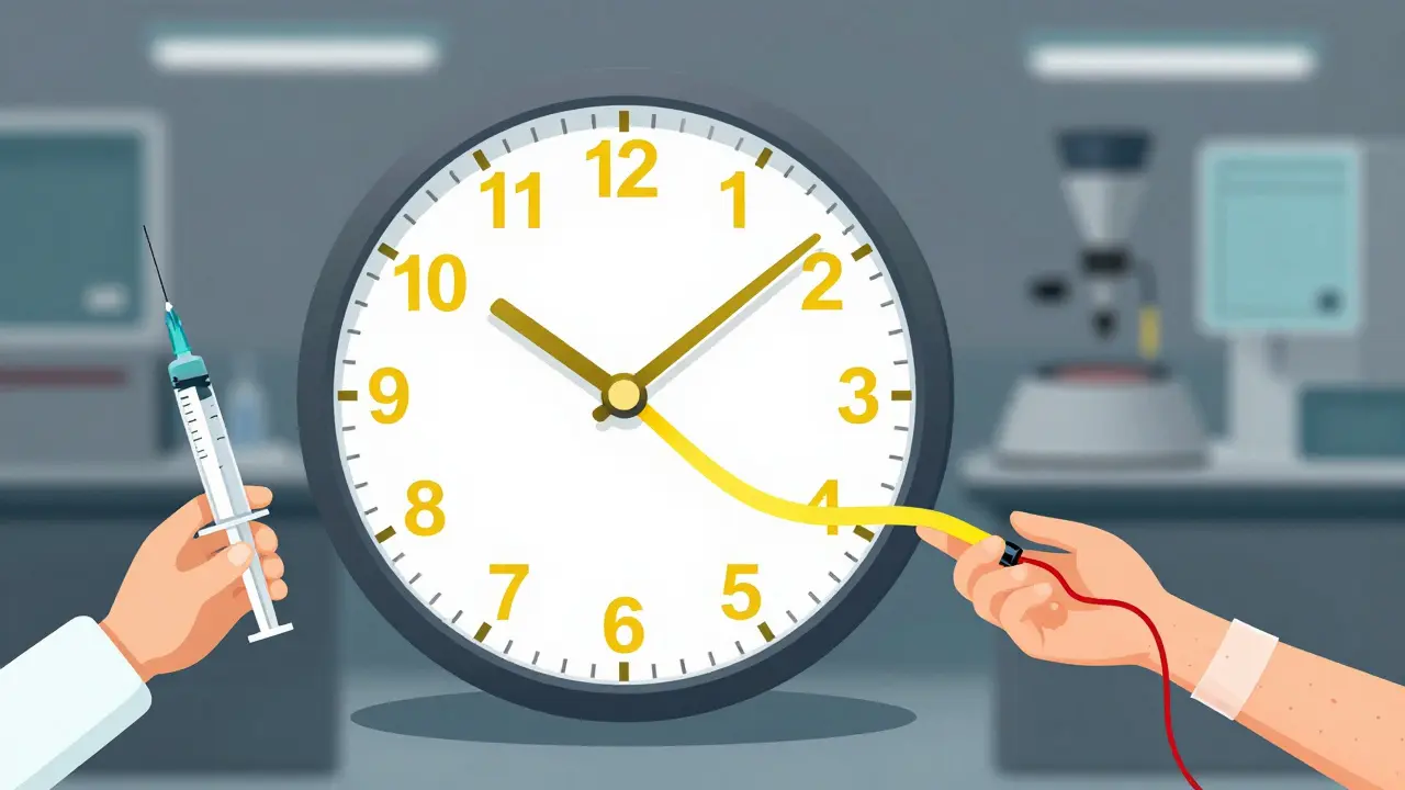 Illustration highlighting the precise 4-6 hour timing window for drawing Anti-Xa blood samples.