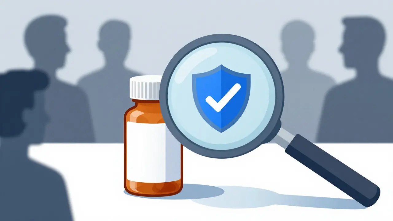 Illustration of a magnifying glass verifying authentic medication packaging