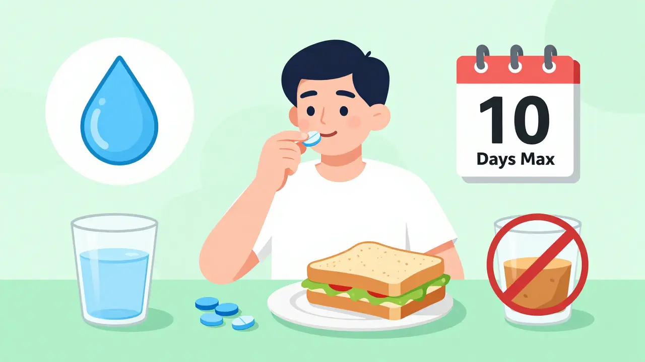 Illustration of safe medication habits including food and water