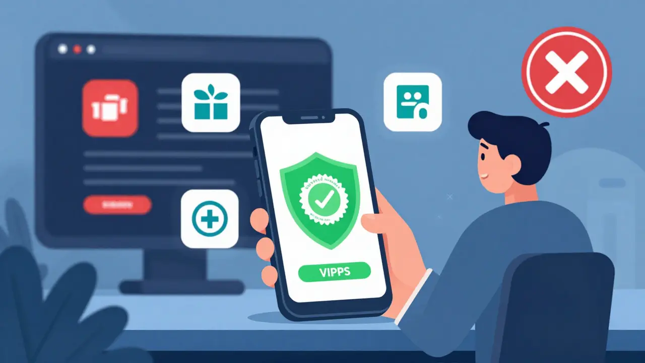 Illustration of safe online pharmacy shopping with a VIPPS safety shield icon.