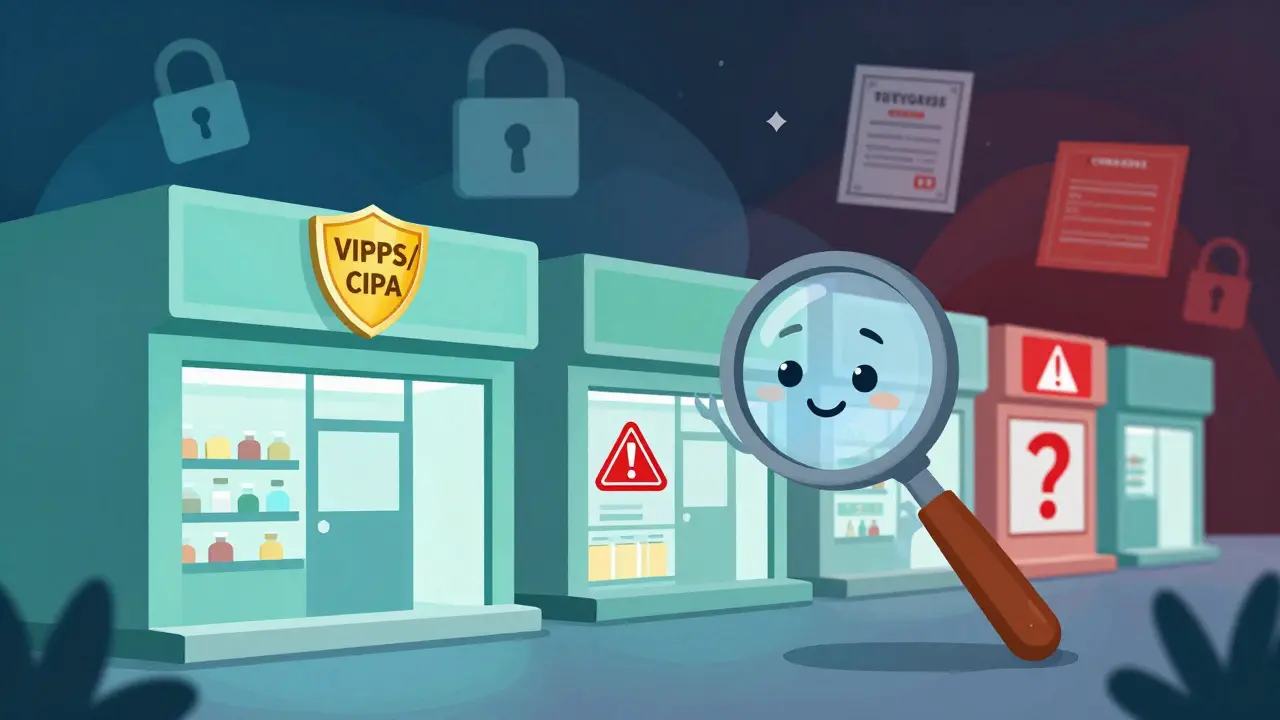 Magnifying glass checking for verified safe pharmacy badges
