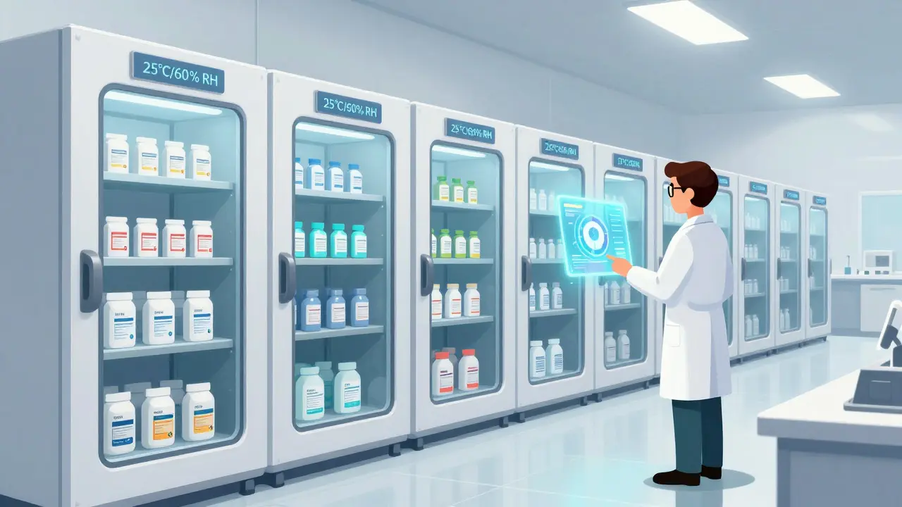 Scientist monitoring drugs in climate-controlled stability chambers