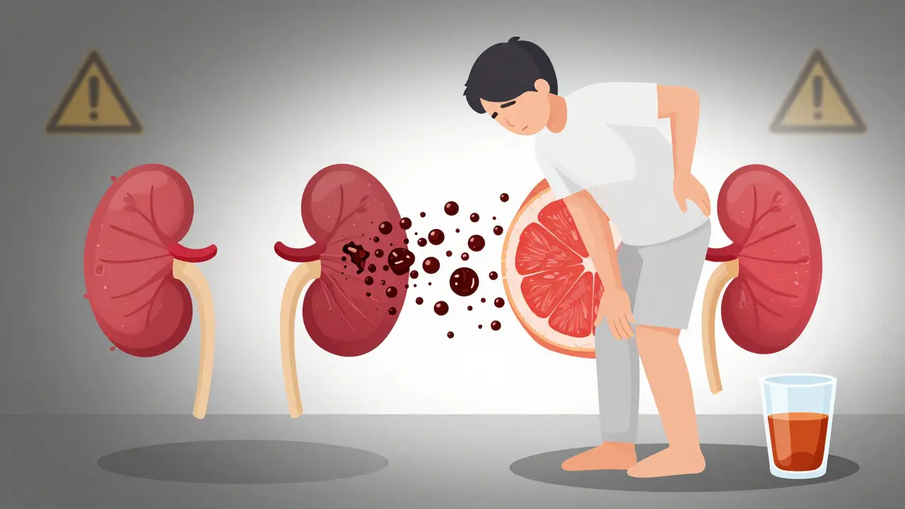 Visual metaphor of muscle breakdown and kidney strain due to statin toxicity from grapefruit interaction.