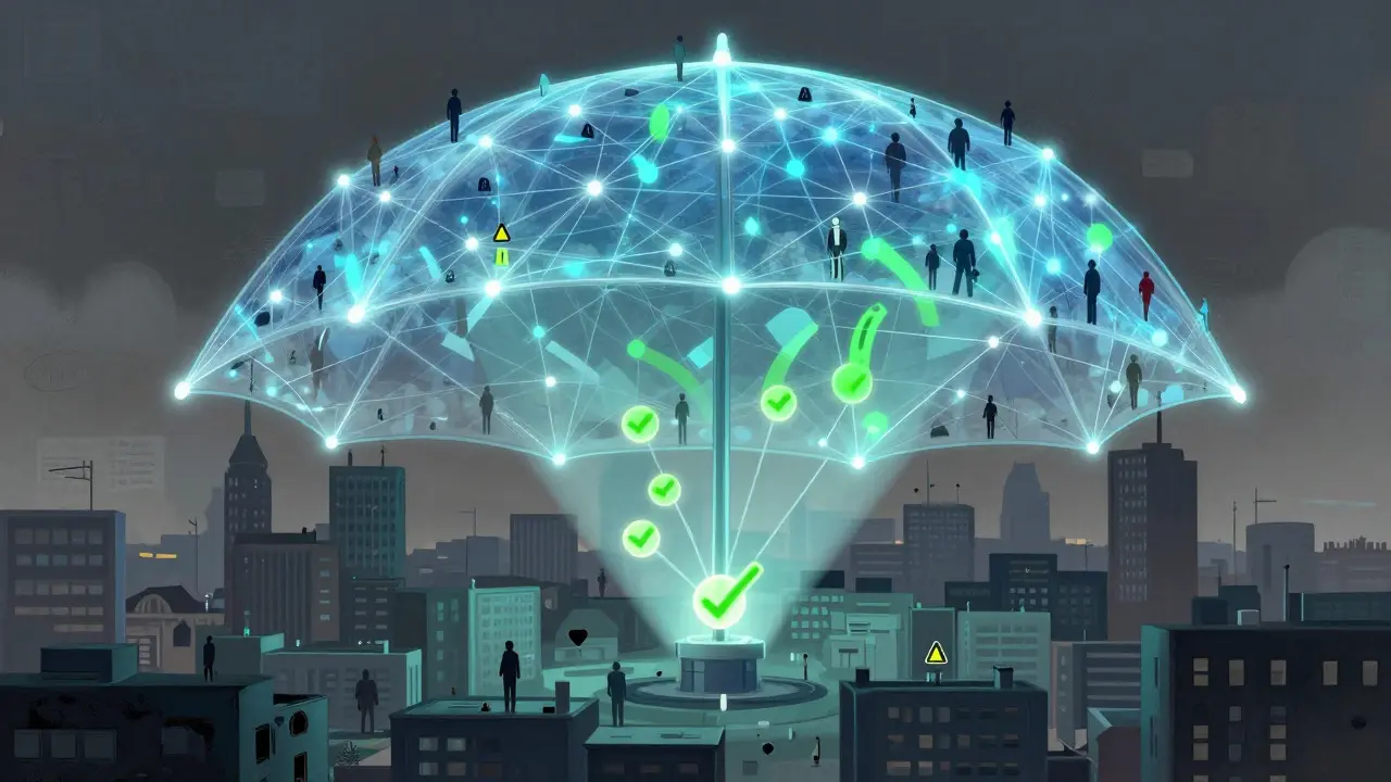 Artistic depiction of aggregated data forming a protective shield over a community